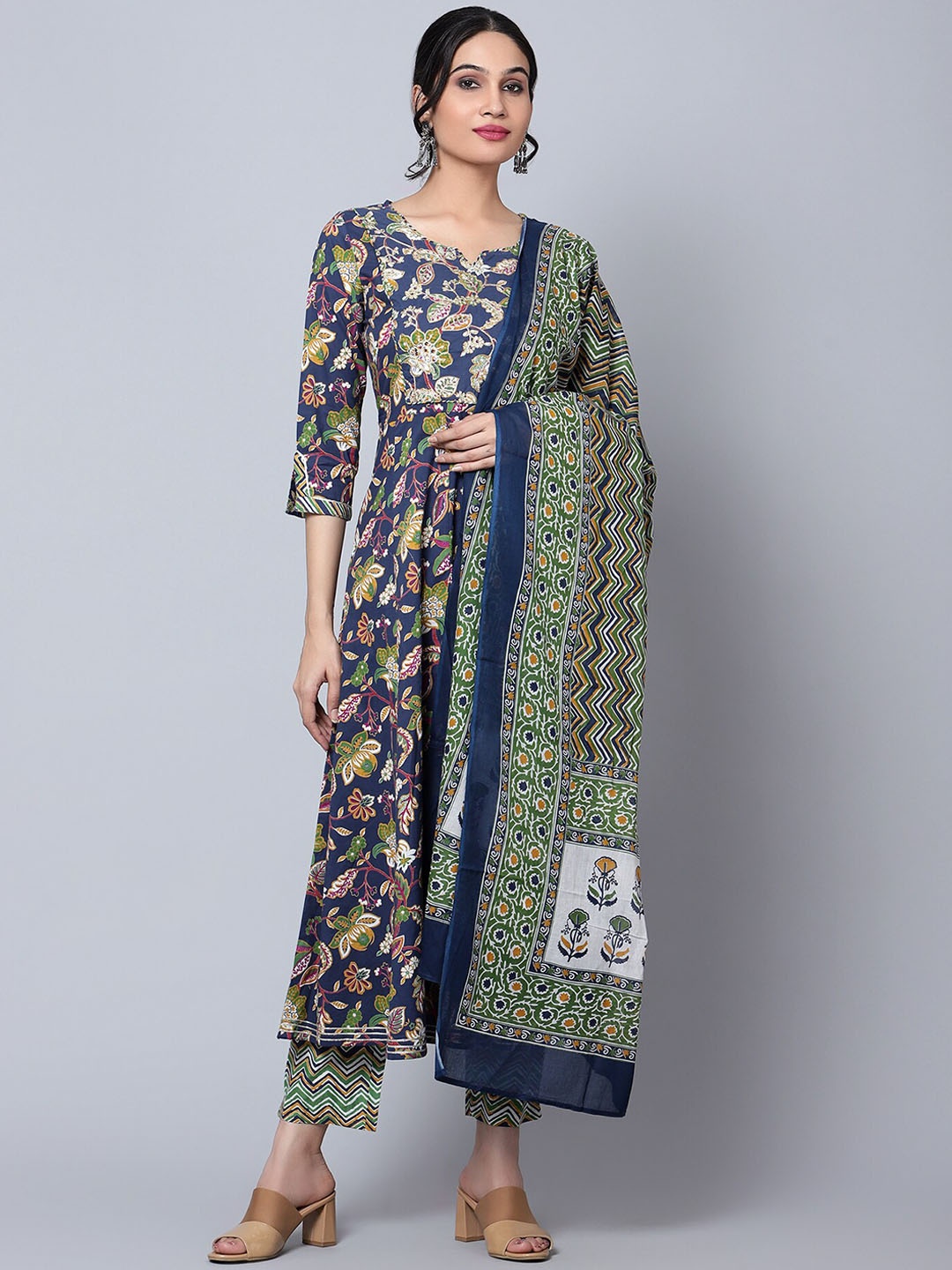 

Bani Women Floral Printed Sequined Anarkali Liva Kurta with Trousers & Dupatta, Navy blue