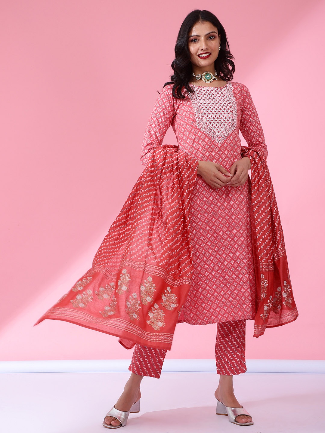 

Bani Women Ethnic motifs Printed Mirror Work Liva Kurta with Trousers & Dupatta, Pink