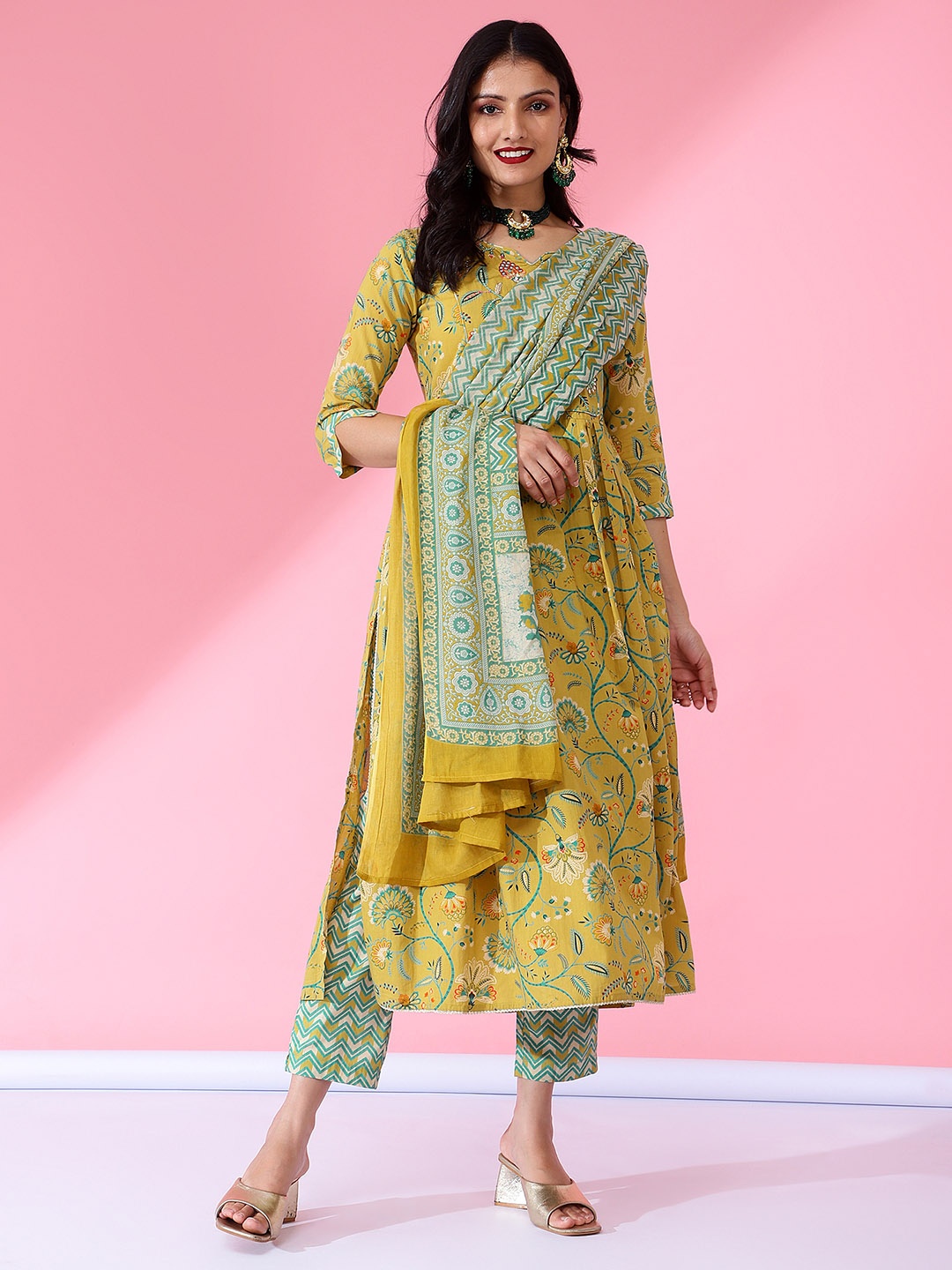 

Bani Women Floral Printed A-Line Pure Cotton Kurta with Trousers & Dupatta, Mustard