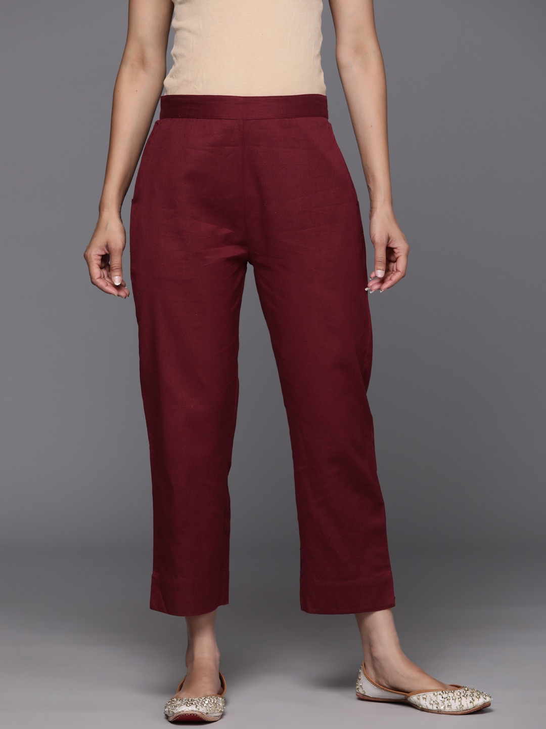 

Libas Women Relaxed Straight Leg Trousers, Maroon