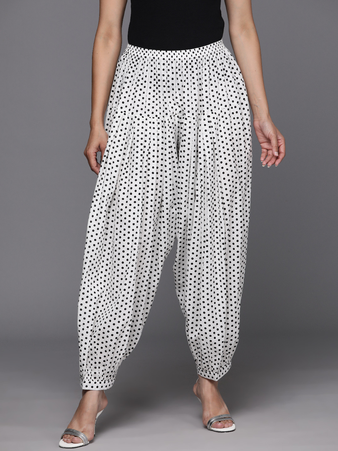 

Libas White Cotton Polka Dot Printed Salwar