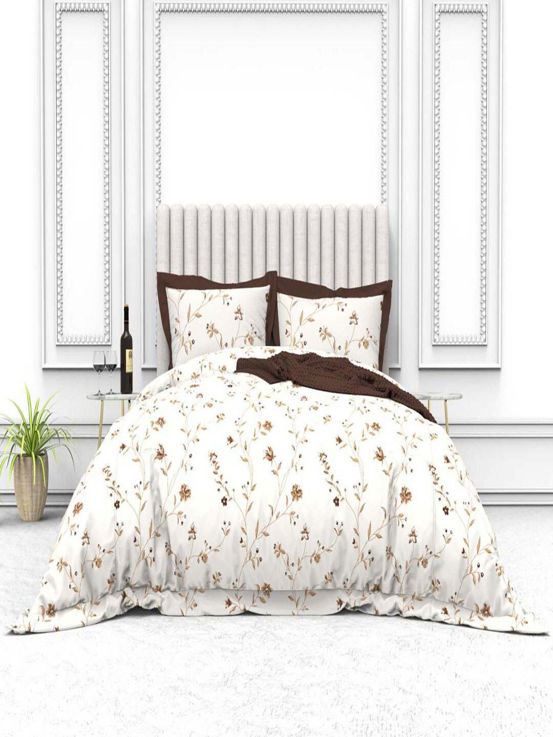 

THE WHITE MOSS Cynthia White & Maroon 250 TC Pure Cotton King Bedsheet & 2 Pillow Covers