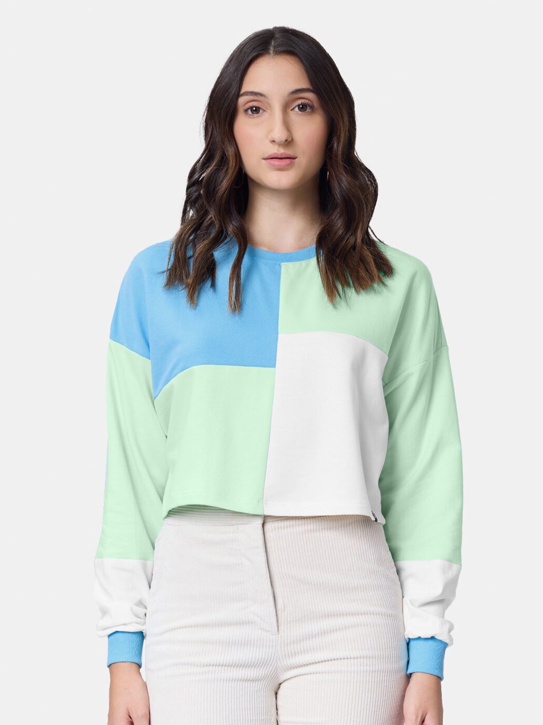 

The Souled Store Blue, Green And White Colourblocked Oversized Fit Casual T-Shirt