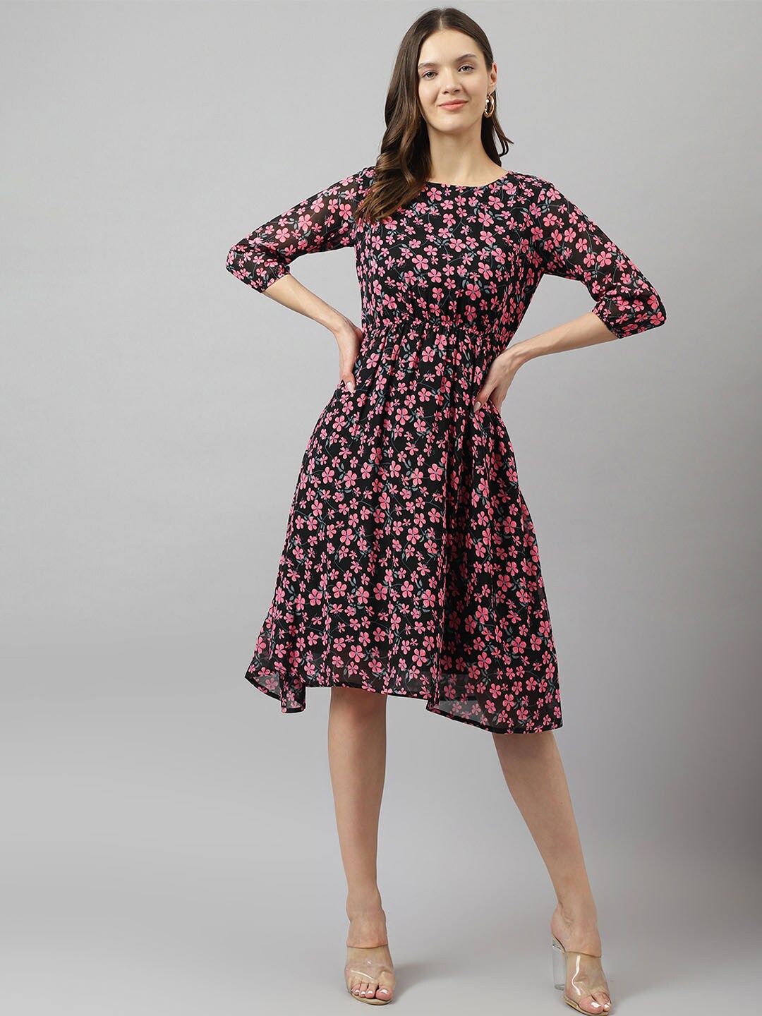 

KERI PERRY Pink Floral Print Georgette Fit & Flare Dress, Black