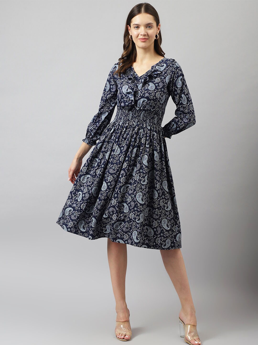 

KERI PERRY Navy Blue Ethnic Motifs Print Crepe Fit & Flare Dress