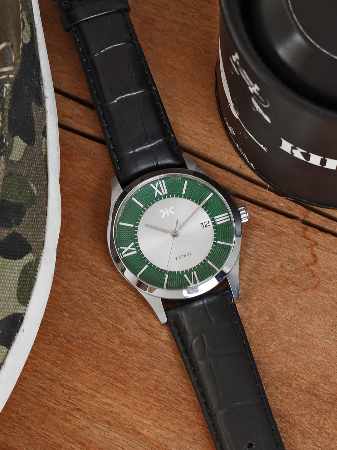 

Killer Men Brass Patterned Dial & Leather Bracelet Style Straps Analogue Watch KLMO75F, Silver