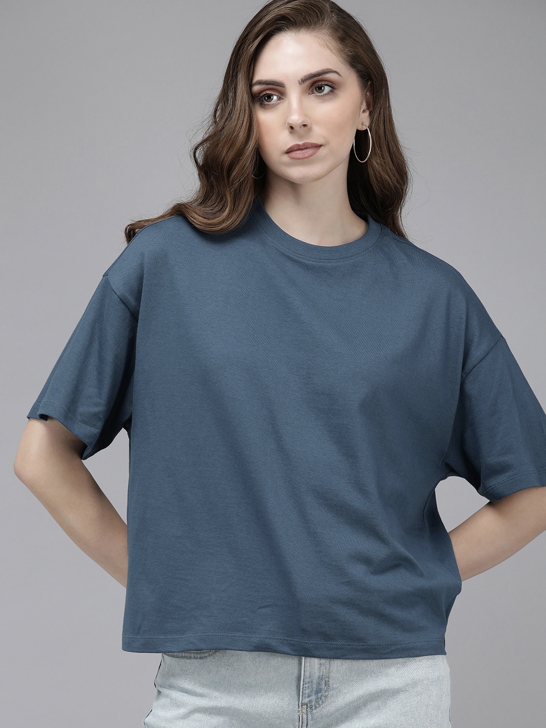 

Roadster Women Drop-Shoulder Sleeves Pure Cotton Boxy T-shirt, Navy blue