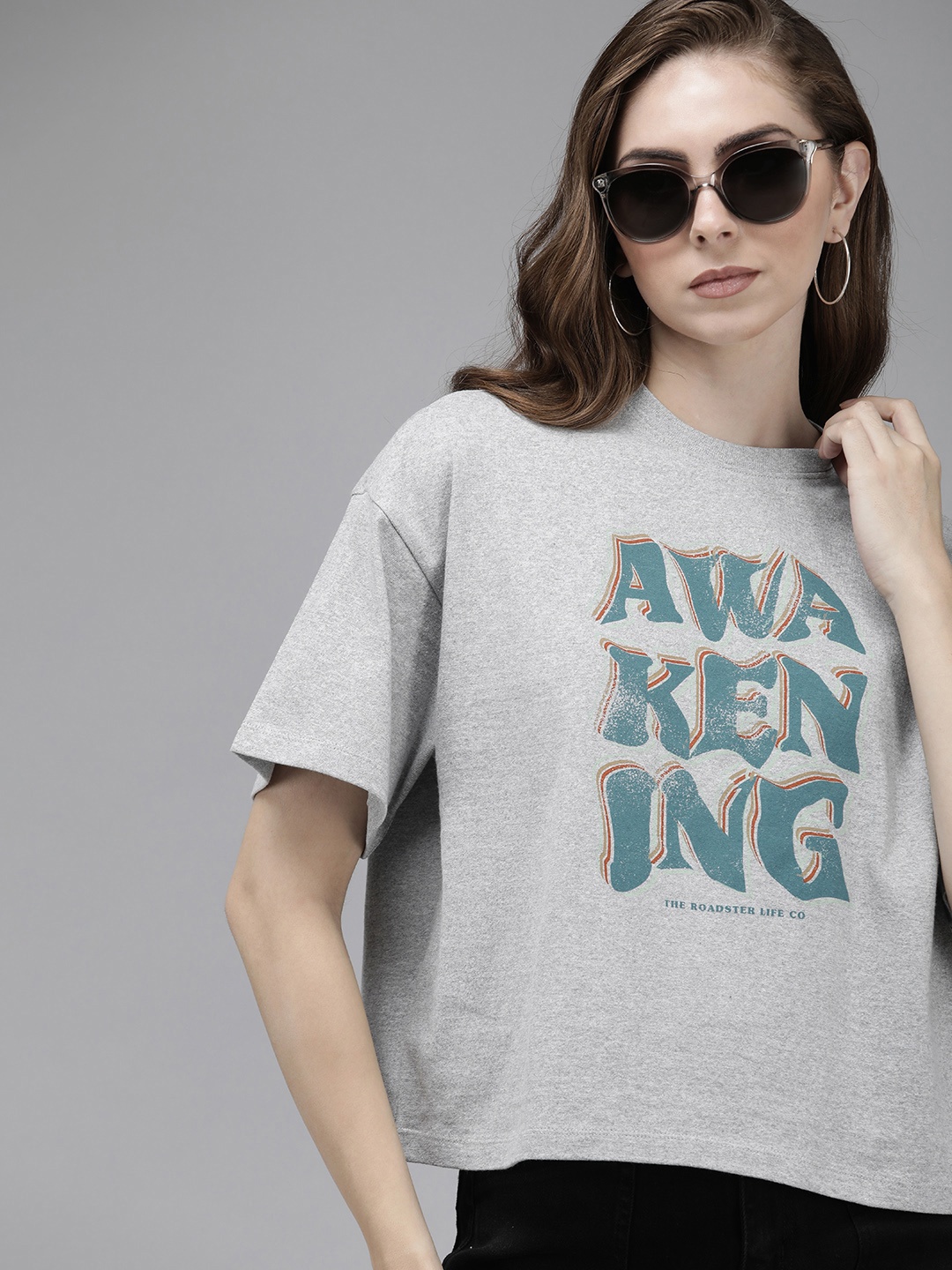

Roadster Women Typography Printed Drop-Shoulder Sleeves Pure Cotton Boxy T-shirt, Grey melange