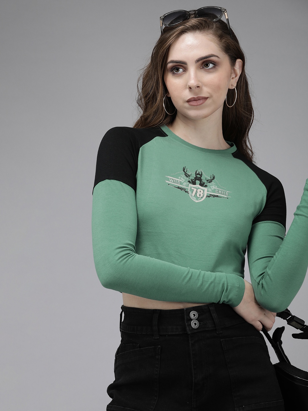 

Roadster Women Printed Pure Cotton Slim Fit T-shirt, Green