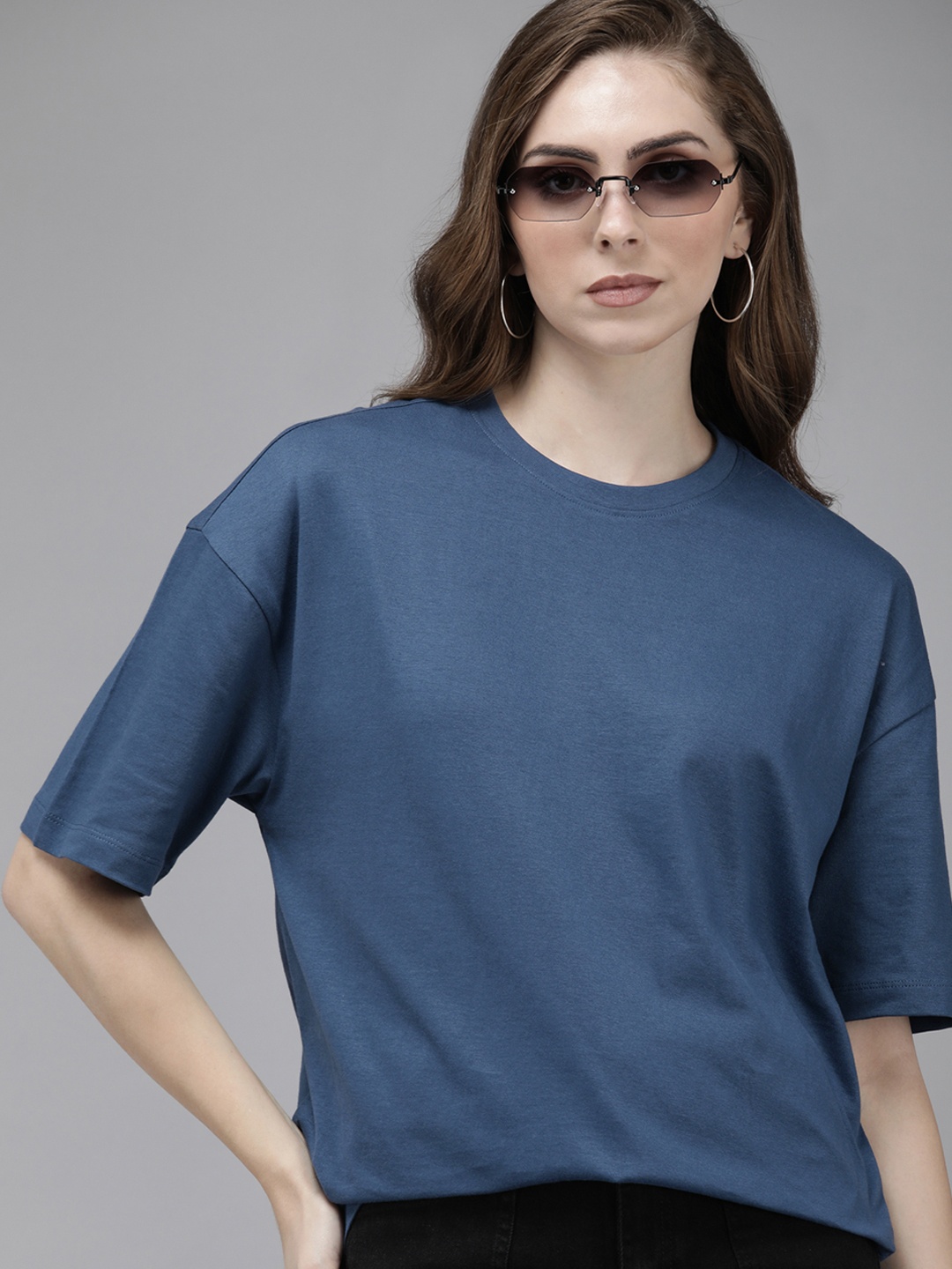 

Roadster Women Drop-Shoulder Sleeves Pure Cotton Boxy T-shirt, Navy blue
