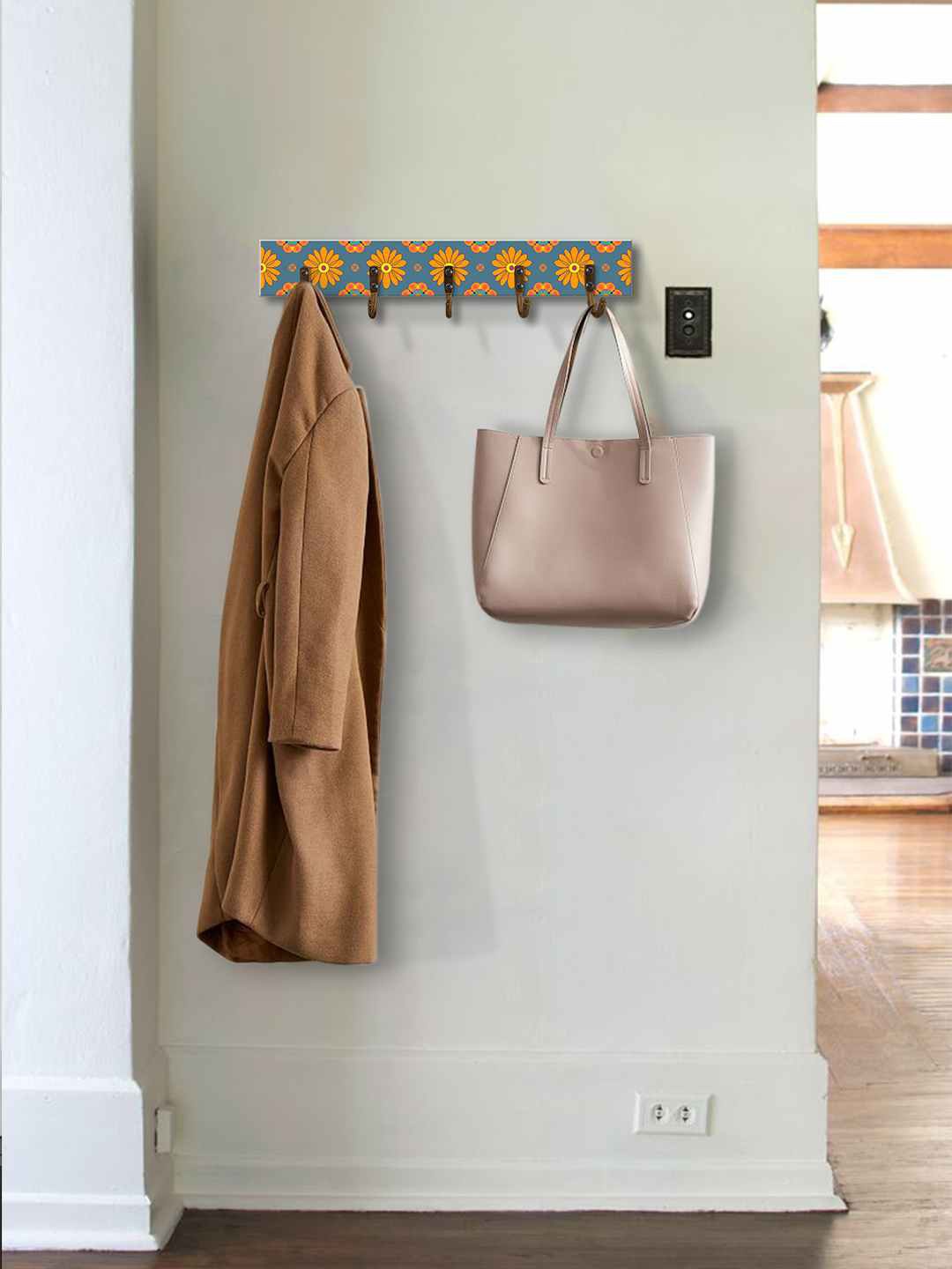 

999Store Grey & Yellow Floral Printed MDF Wooden Wall Hanger With 5 Hooks