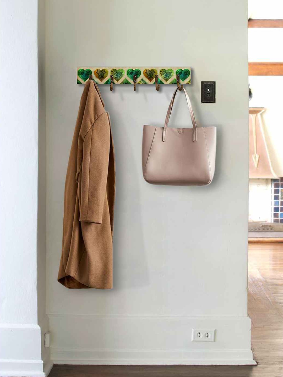 

999Store Beige & Green Printed MDF Wall Hanger With 5-Hooks