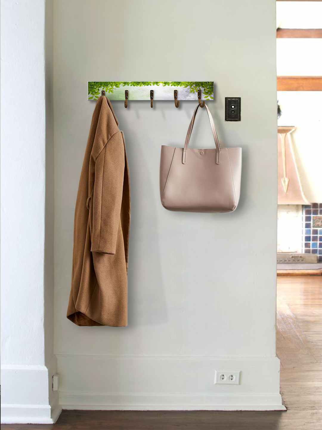 

999Store White & Green Printed MDF Wall Hanger With 5-Hooks