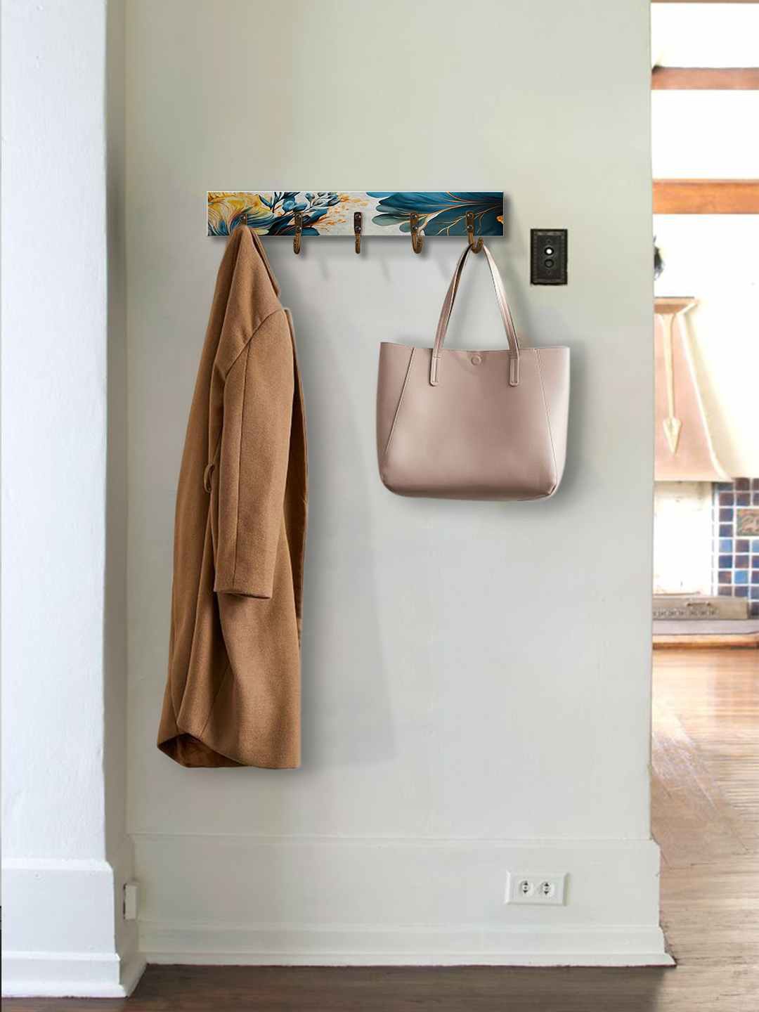 

999Store White & Blue Printed MDF Hanger With 5-Hooks
