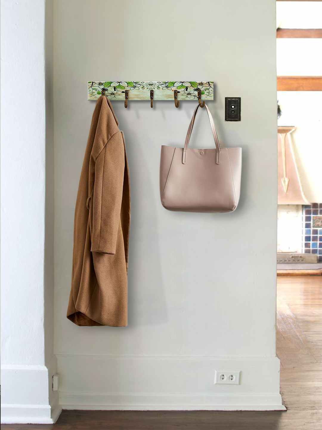 

999Store Green Floral Printed MDF Wooden Wall Hanger With 5 Hooks