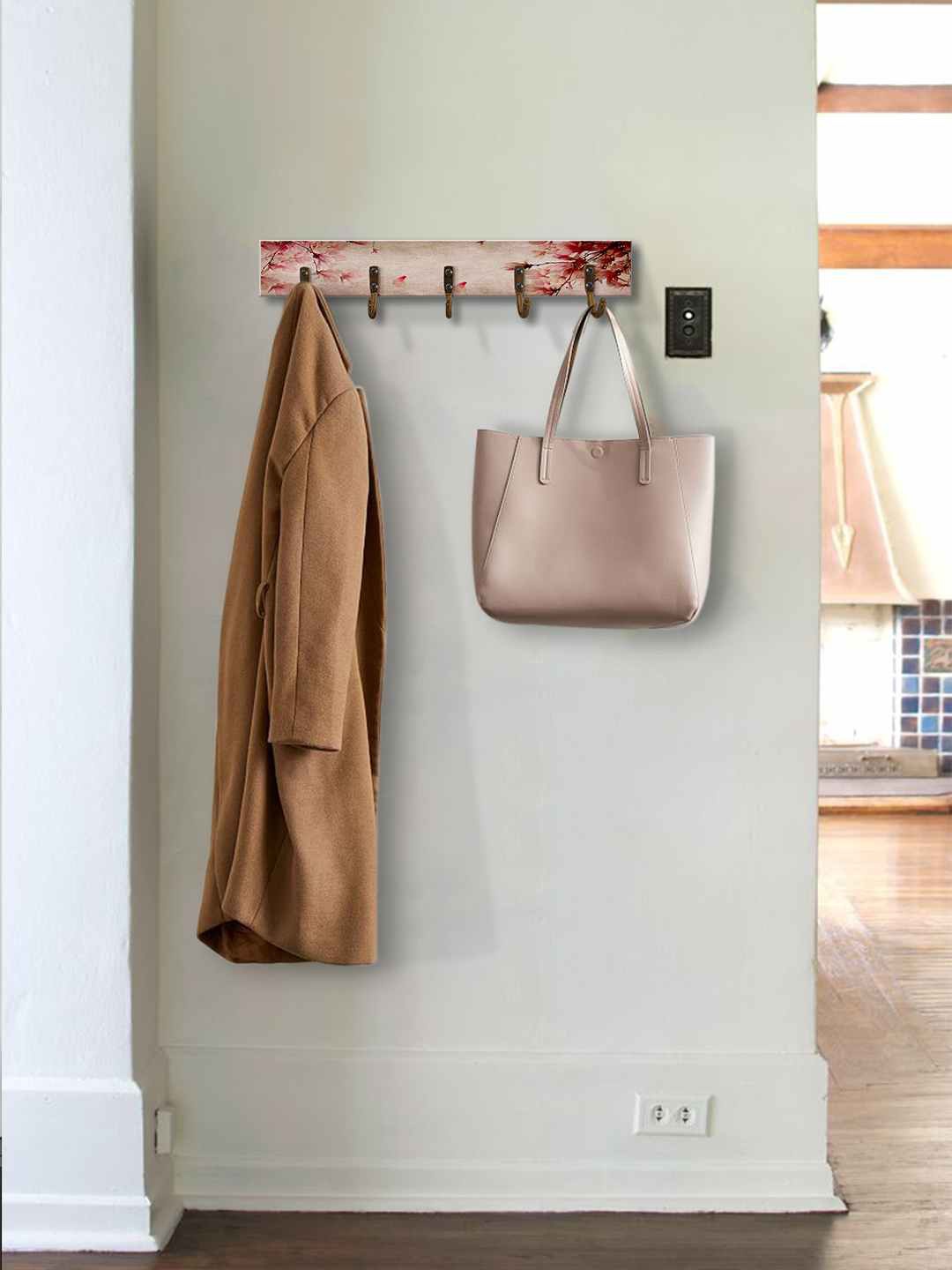 

999Store Pink & Red Floral Printed MDF Wooden & Steel Wall Hanger With 5 Hooks