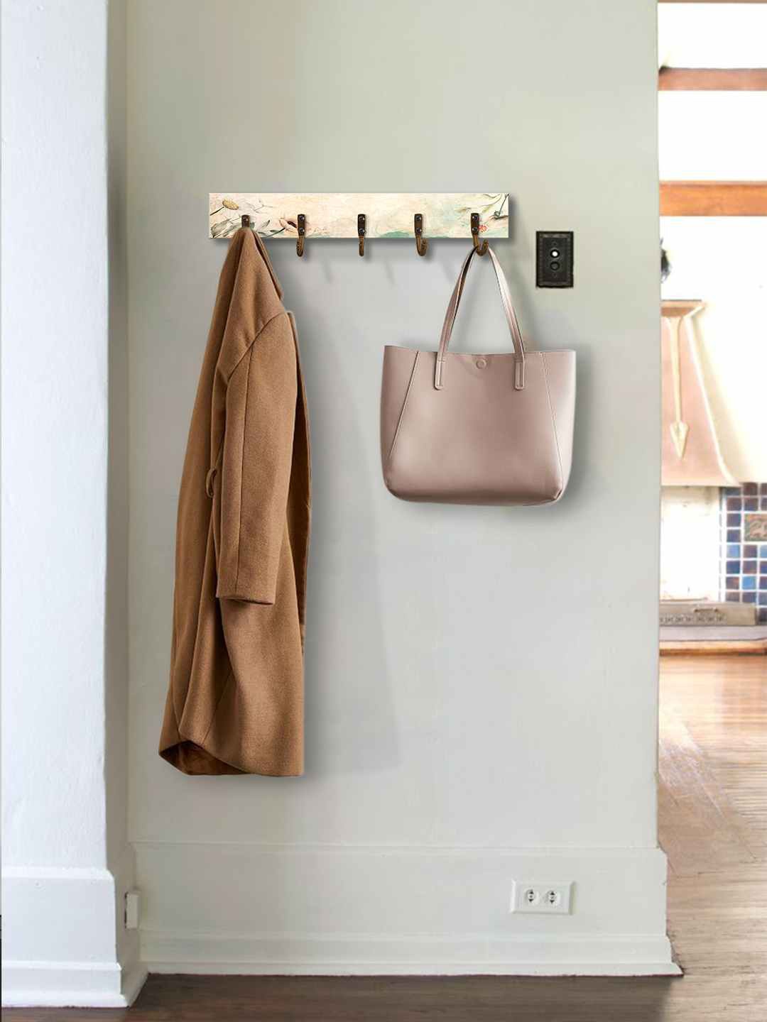 

999Store Cream-Coloured & Green Printed MDF Wall Hanger With 5-Hooks