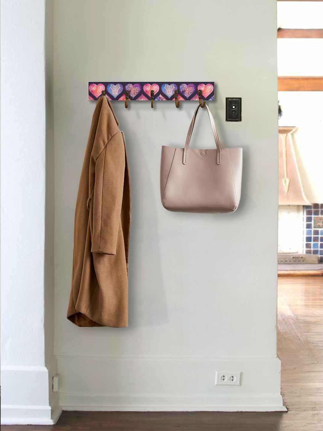 

999Store Purple & Pink Printed MDF Wall Hanger With 5-Hooks