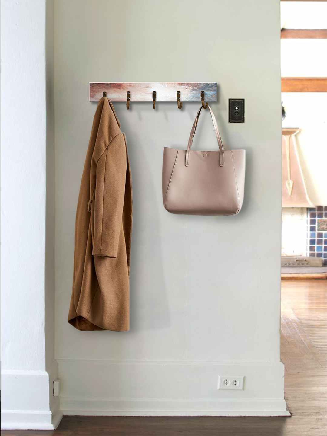 

999Store Brown & Grey Abstract Marble MDF Wooden Wall Hanger With 5 Hooks