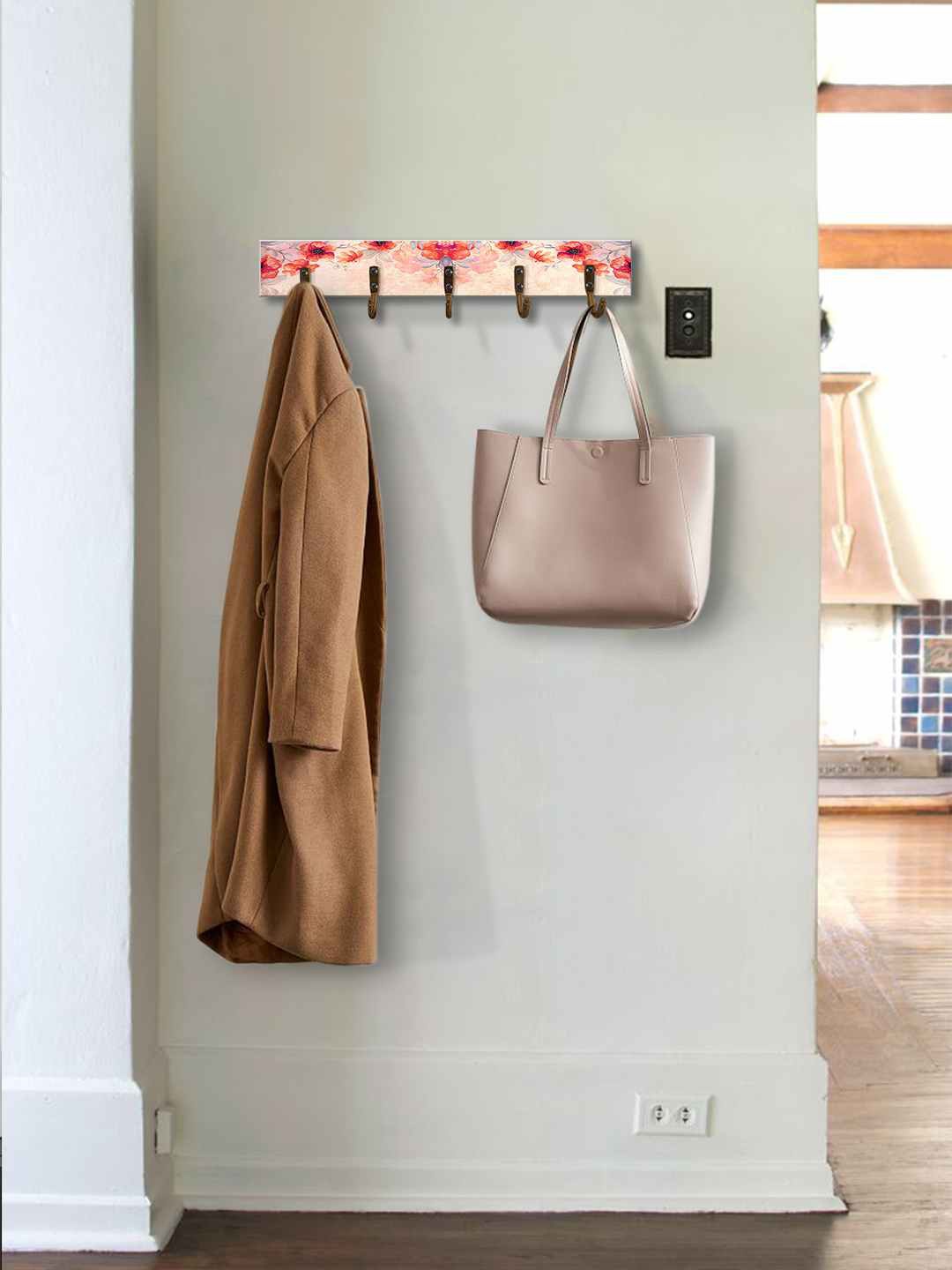 

999Store Pink & Orange-Coloured Floral Printed MDF Wall Hanger With 5-Hooks