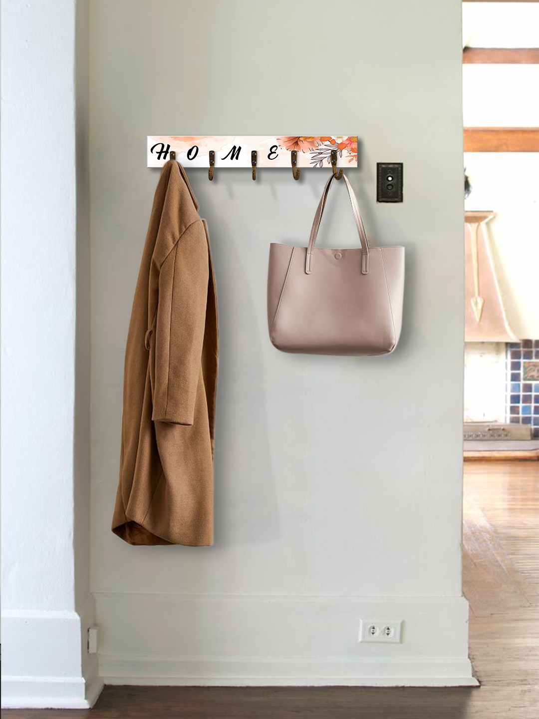 

999Store White & Brown Printed MDF Wall Hanger With 5-Hooks