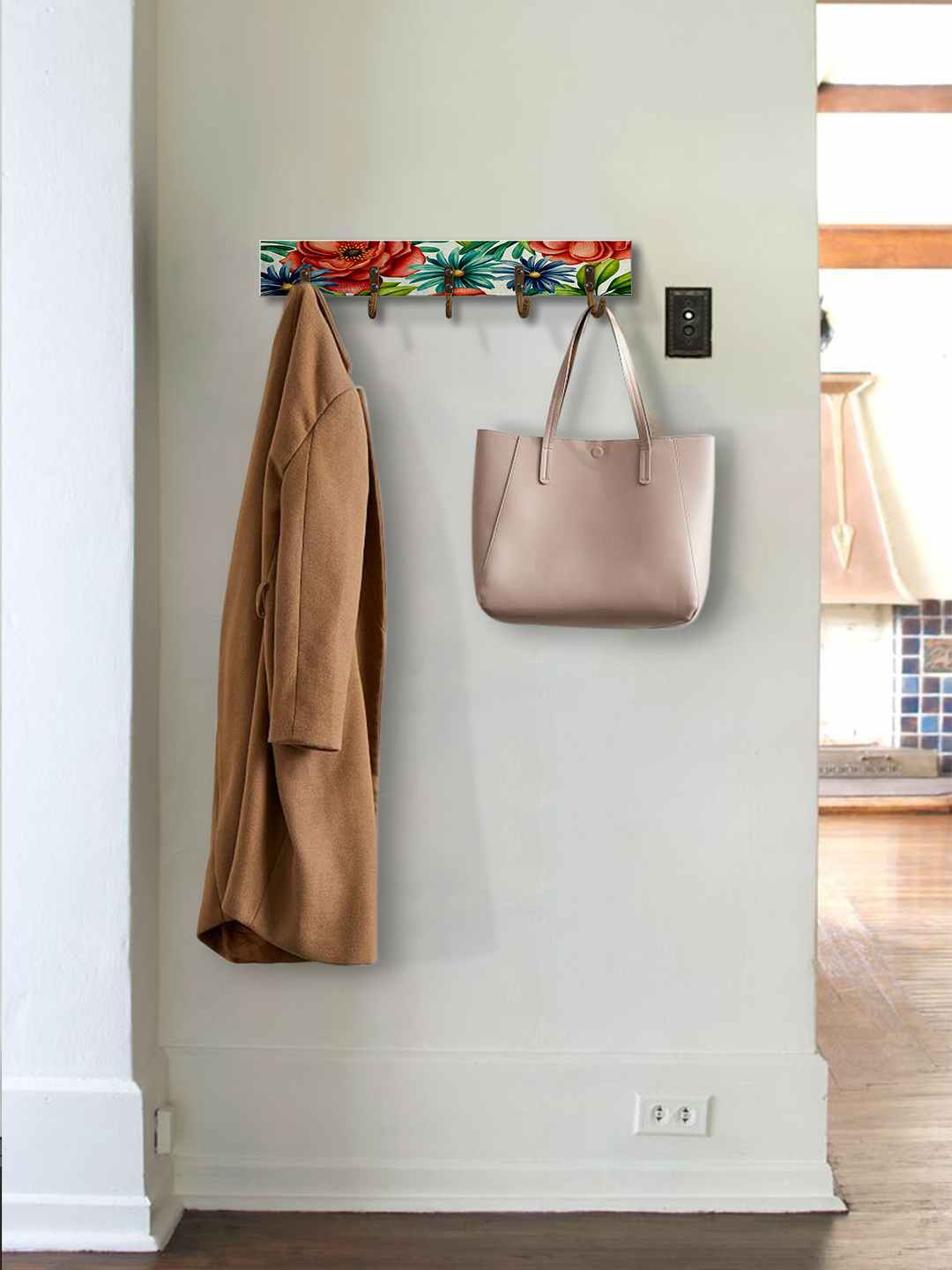 

999Store Grey & Red Floral Printed MDF Wall Hanger With 5-Hooks