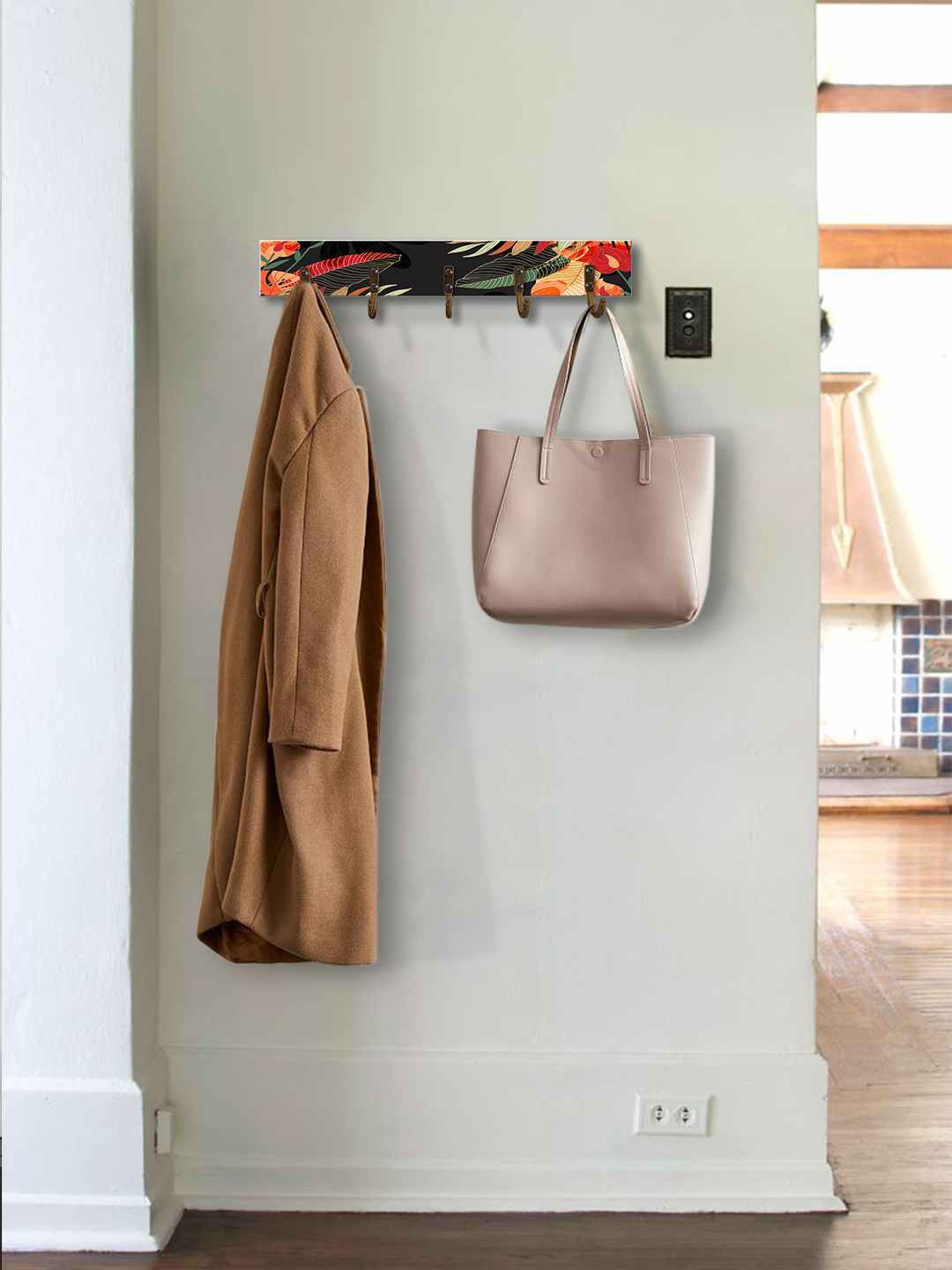 

999Store Black & Red Floral Printed MDF Wooden & Steel Wall Hanger With 5 Hooks