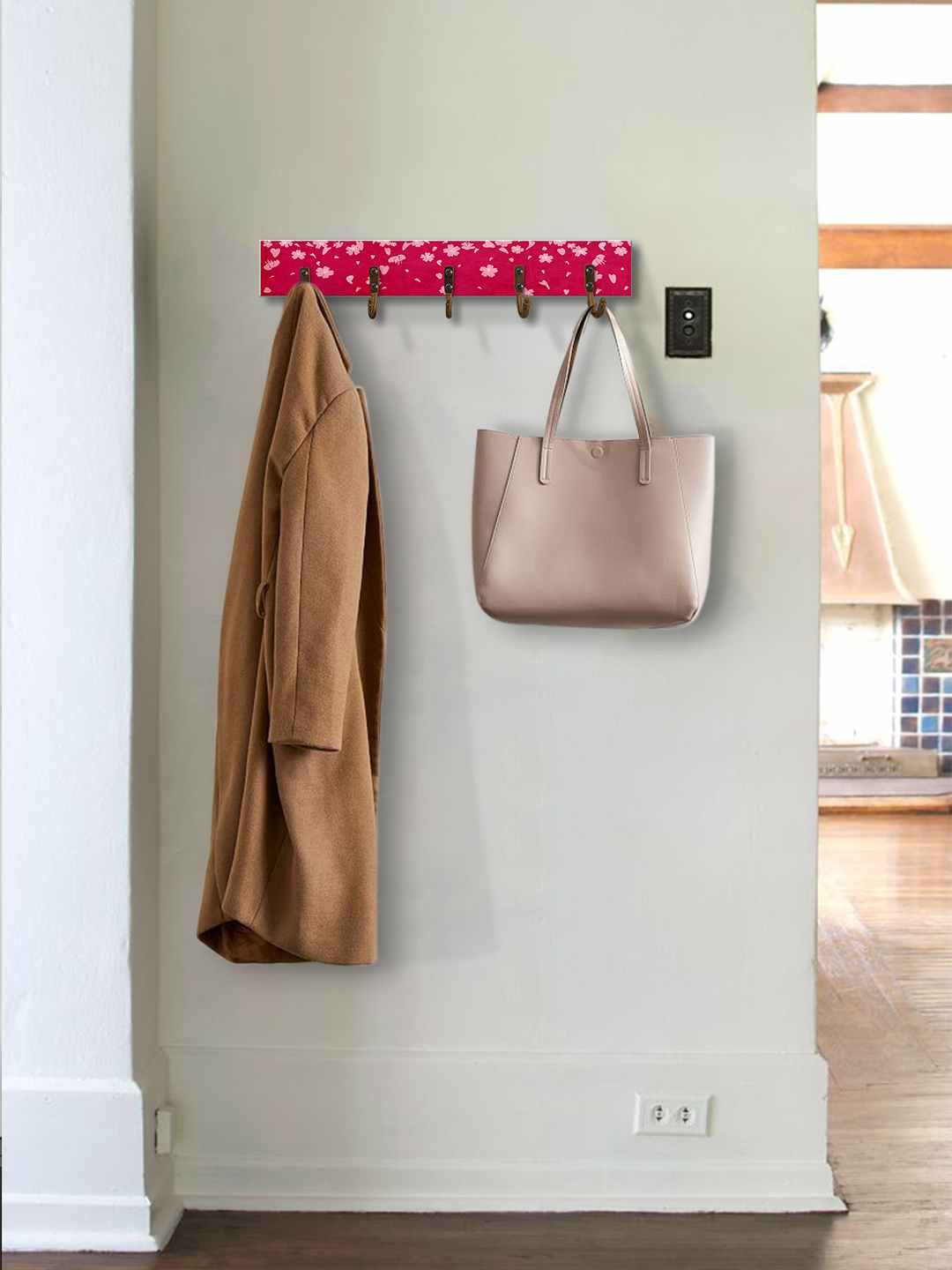 

999Store Pink Floral Printed MDF Wall Hanger With 5-Hooks