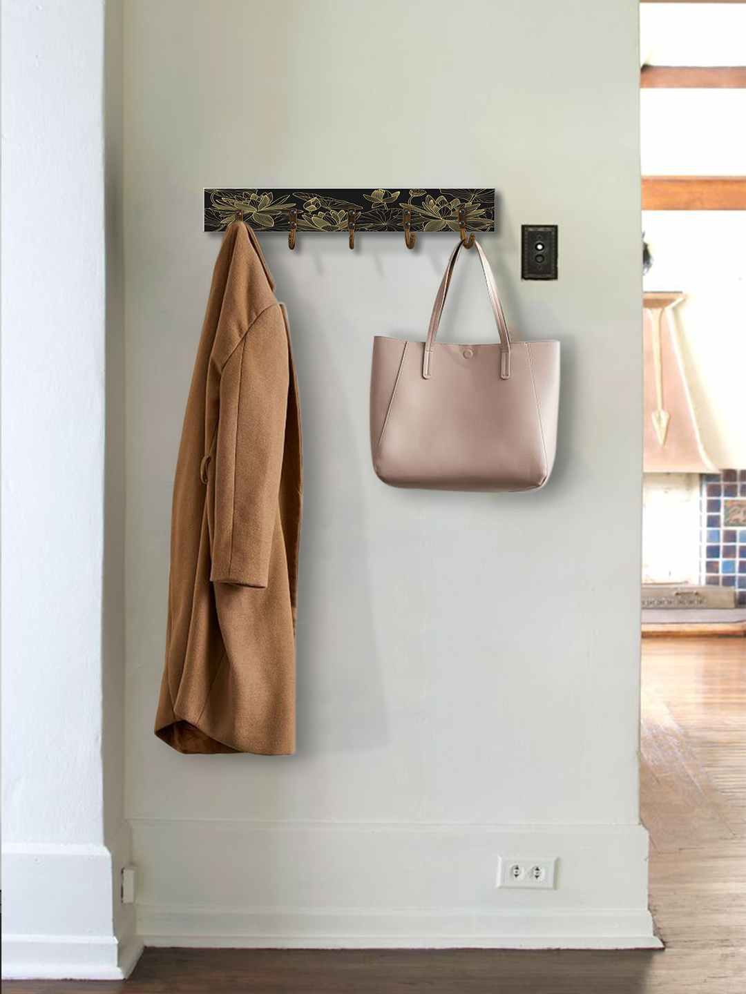 

999Store Black & Beige Floral Printed MDF Wooden Wall Hanger With 5 Hooks