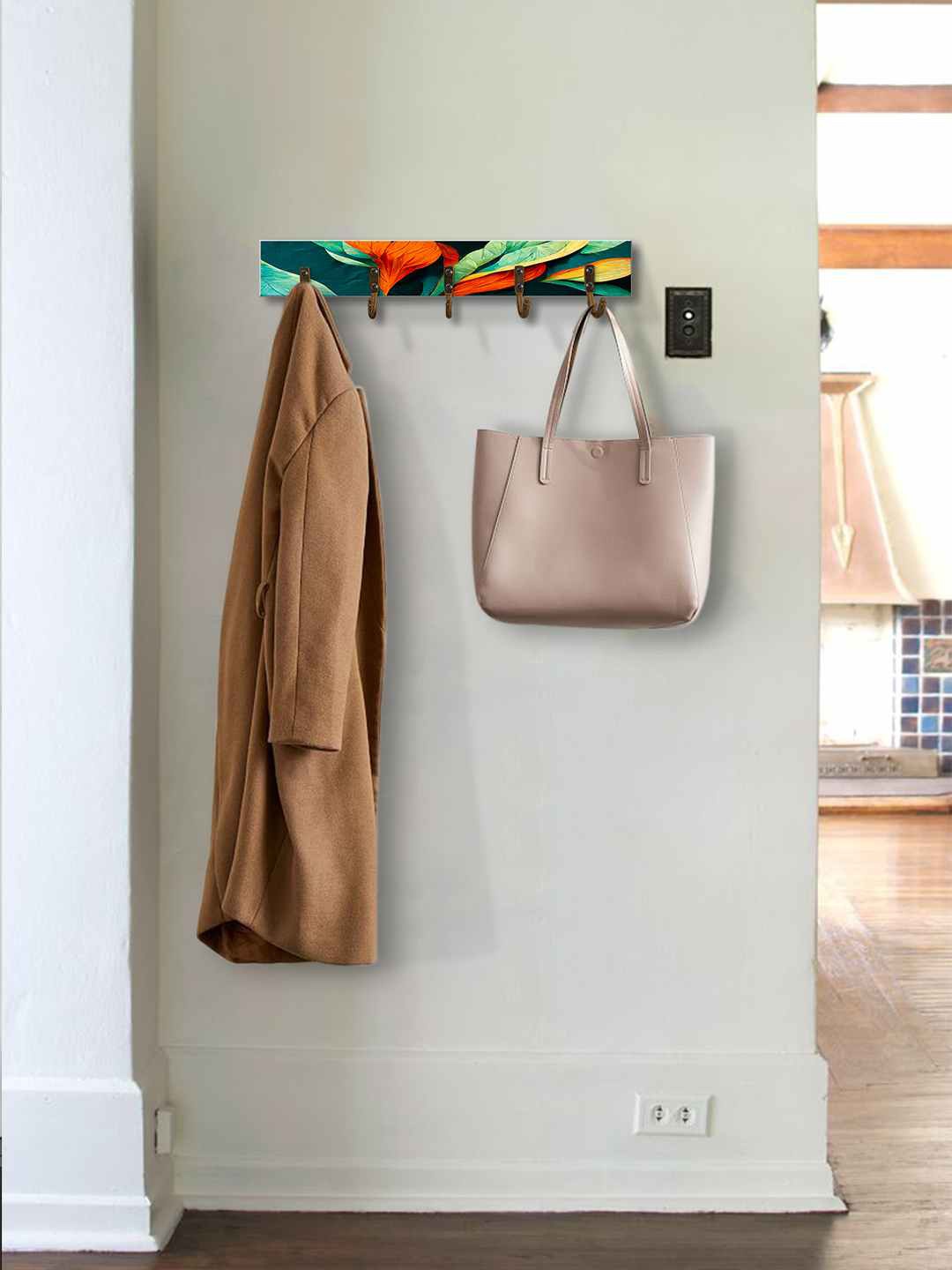 

999Store Green & Red Abstract Leaves Printed MDF Wooden & Steel Wall Hanger With 5 Hooks