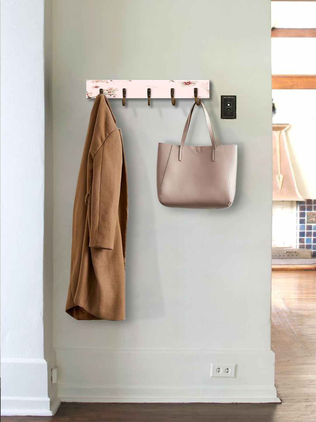 

999Store Peach-Coloured & Green Floral Printed MDF Wall Hanger With 5-Hooks