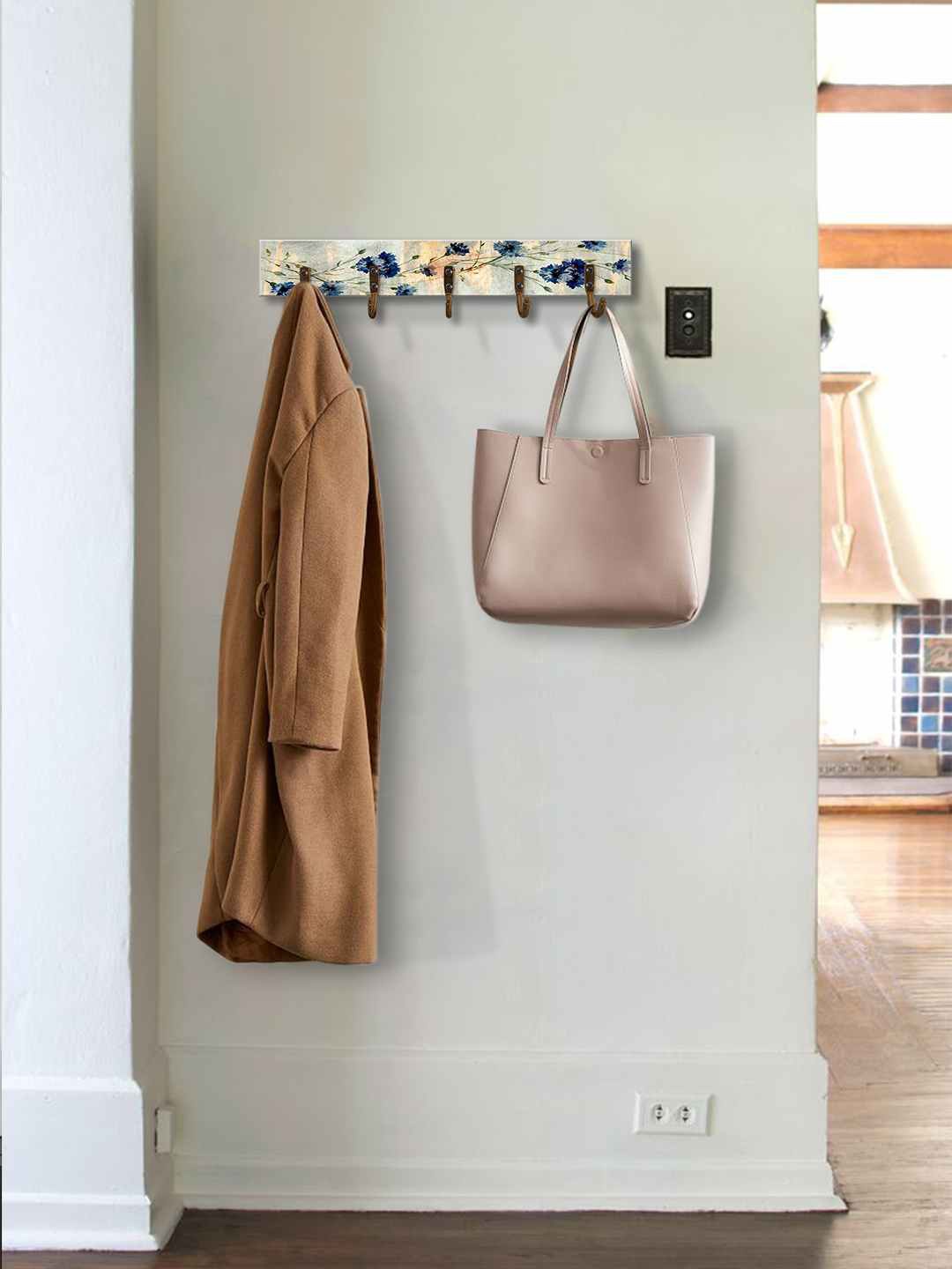 

999Store Grey & Blue Floral Printed MDF Wall Hanger With 5-Hooks