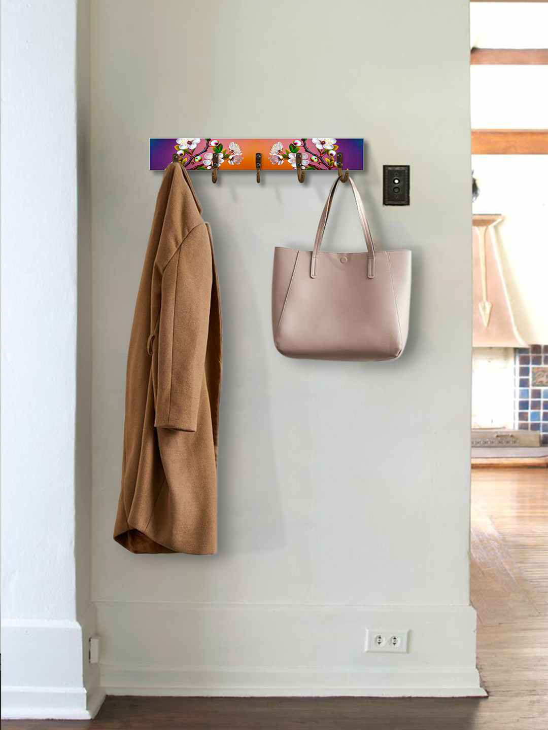 

999Store Purple & Orange Printed MDF Wall Hanger With 5-Hooks