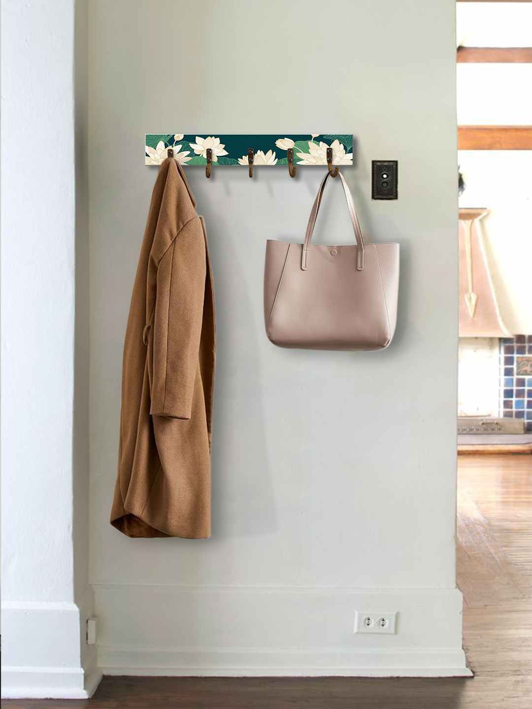 

999Store Green & White Floral Printed MDF Wall Hanger With 5-Hooks