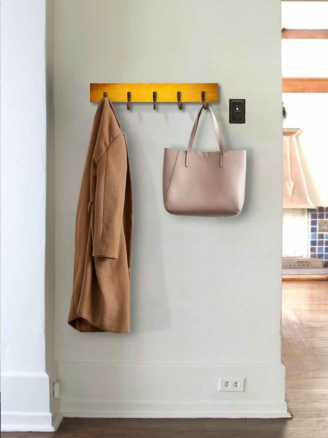 

999Store Gold-Toned Abstract Printed MDF Wooden Wall Hanger With 5 Hooks