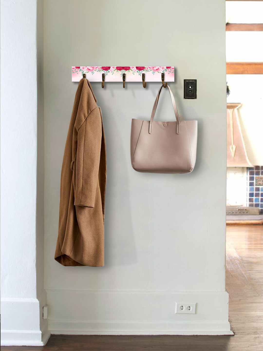 

999Store Pink Printed MDF Wall Hanger With 5-Hooks