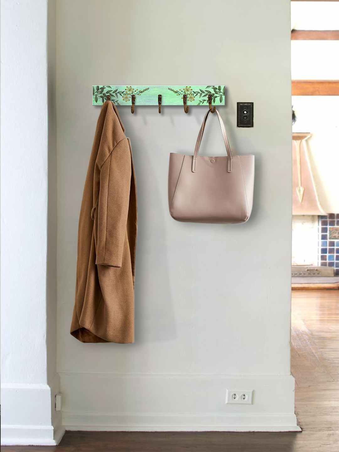 

999Store Green Flower With Leaf Printed MDF Wooden Wall Hanger With 5 Hooks