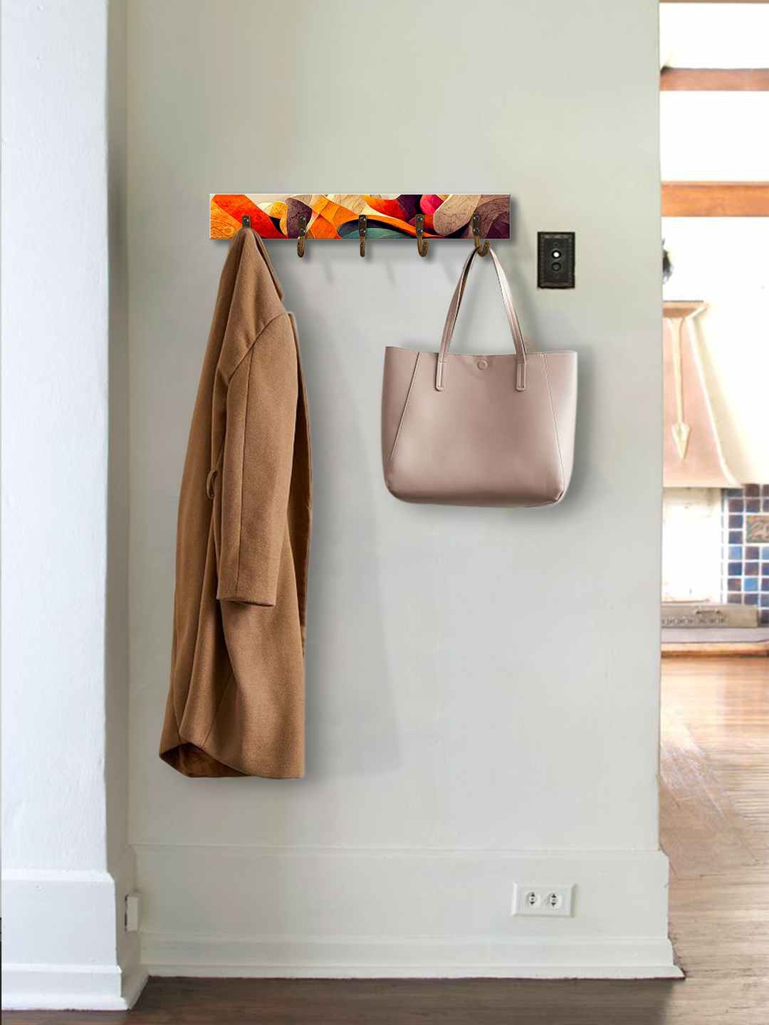 

999Store Orange Printed MDF Wall Hanger With 5-Hooks