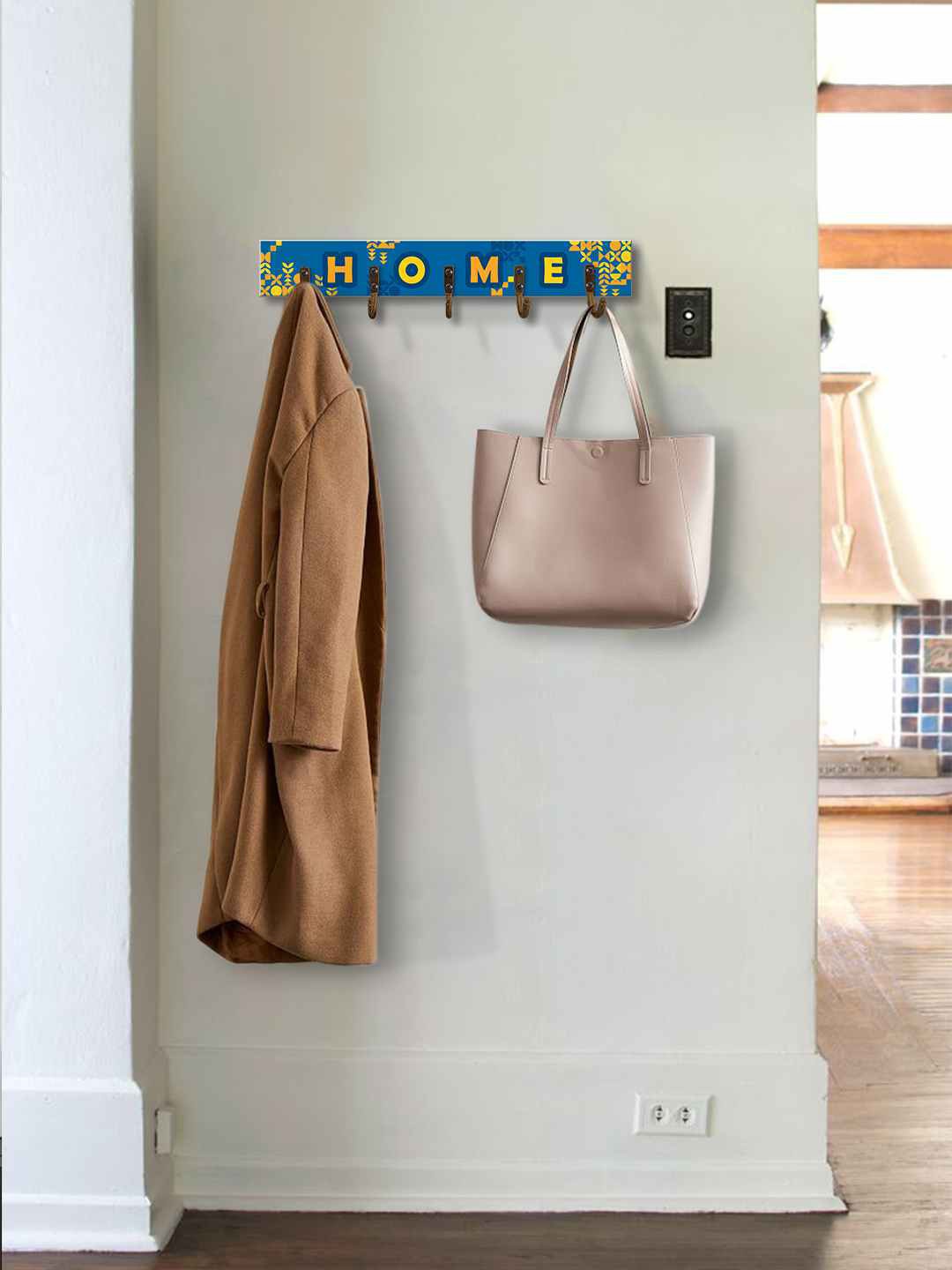 

999Store Blue & Yellow Home Printed MDF Wooden Wall Hanger With 5 Hooks