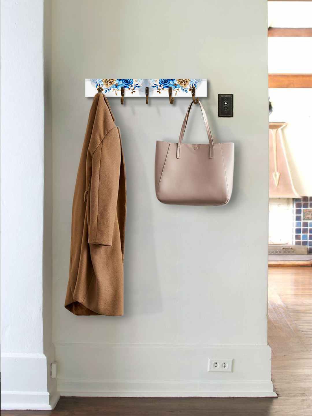 

999Store Grey & Blue Printed MDF Wall Hanger With 5-Hooks