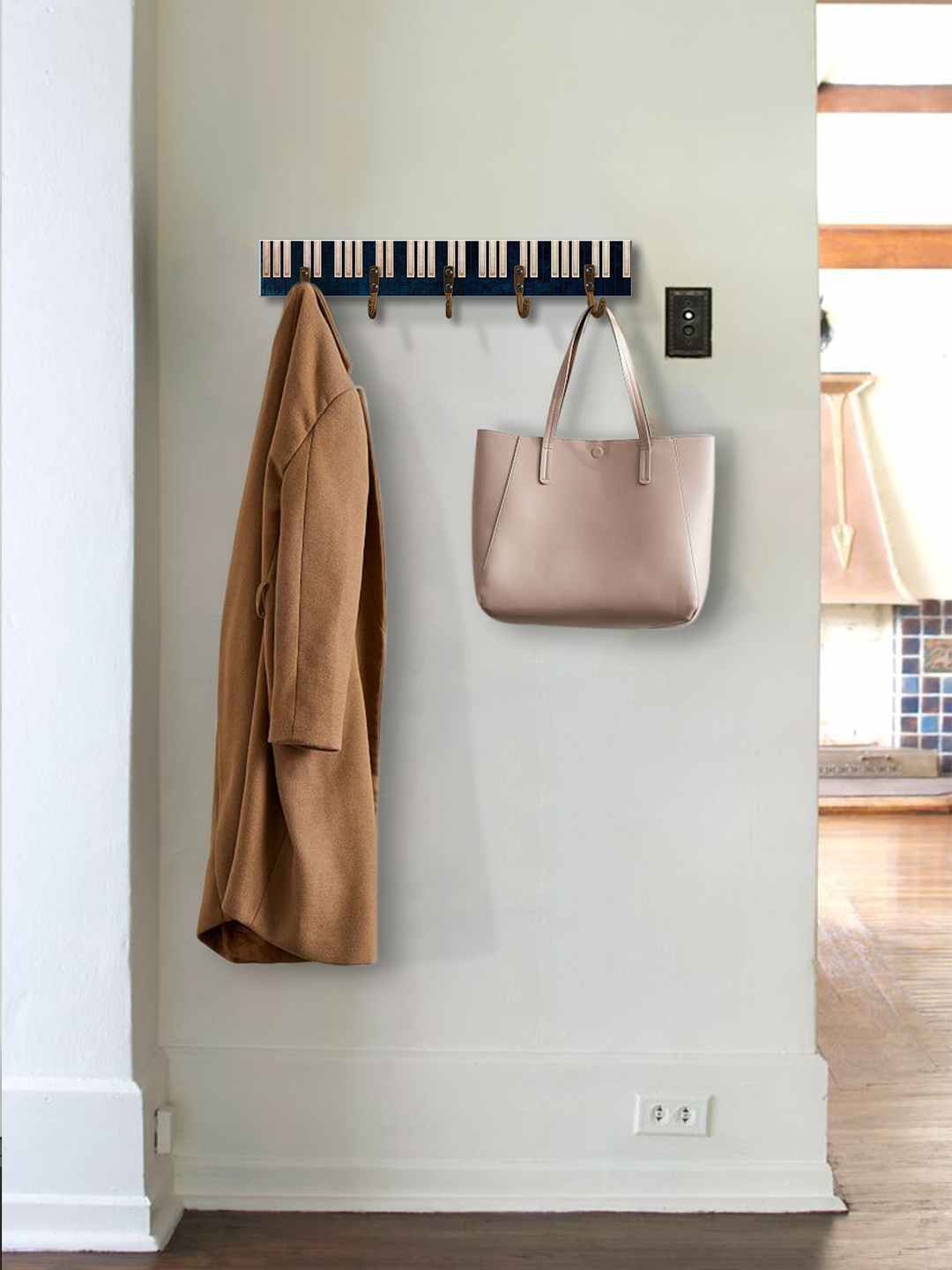 

999Store Blue Printed MDF Wall Hanger With 5-Hooks