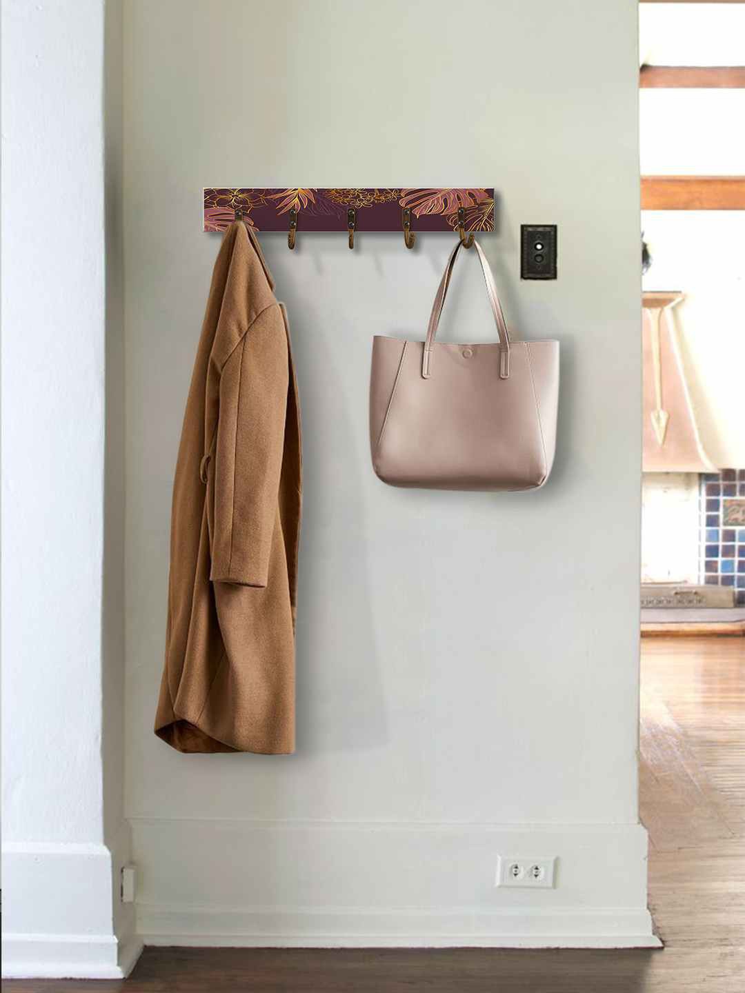 

999Store Brown Printed MDF Wall Hanger With 5-Hooks