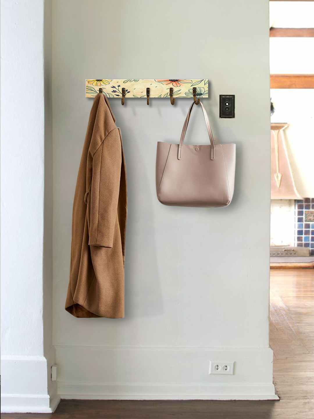 

999Store Yellow & Green Floral Printed MDF Wooden Wall Hanger With 5 Hooks