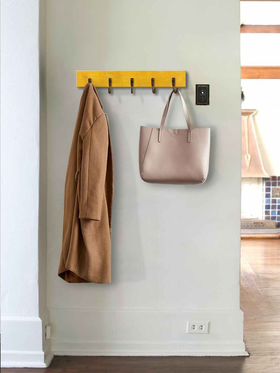 

999Store Gold-Toned Abstract Printed MDF Wooden Wall Hanger With 5 Hooks