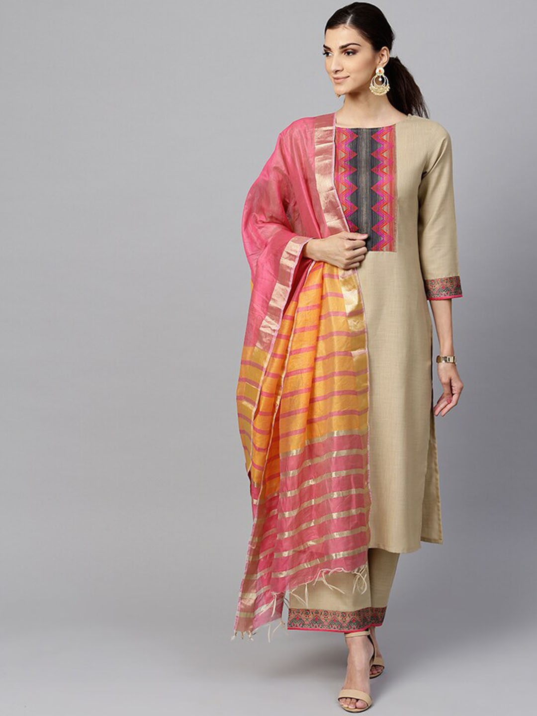 

Indo Era Beige Yoke Design Pure Cotton Kurta with Palazzos & Dupatta