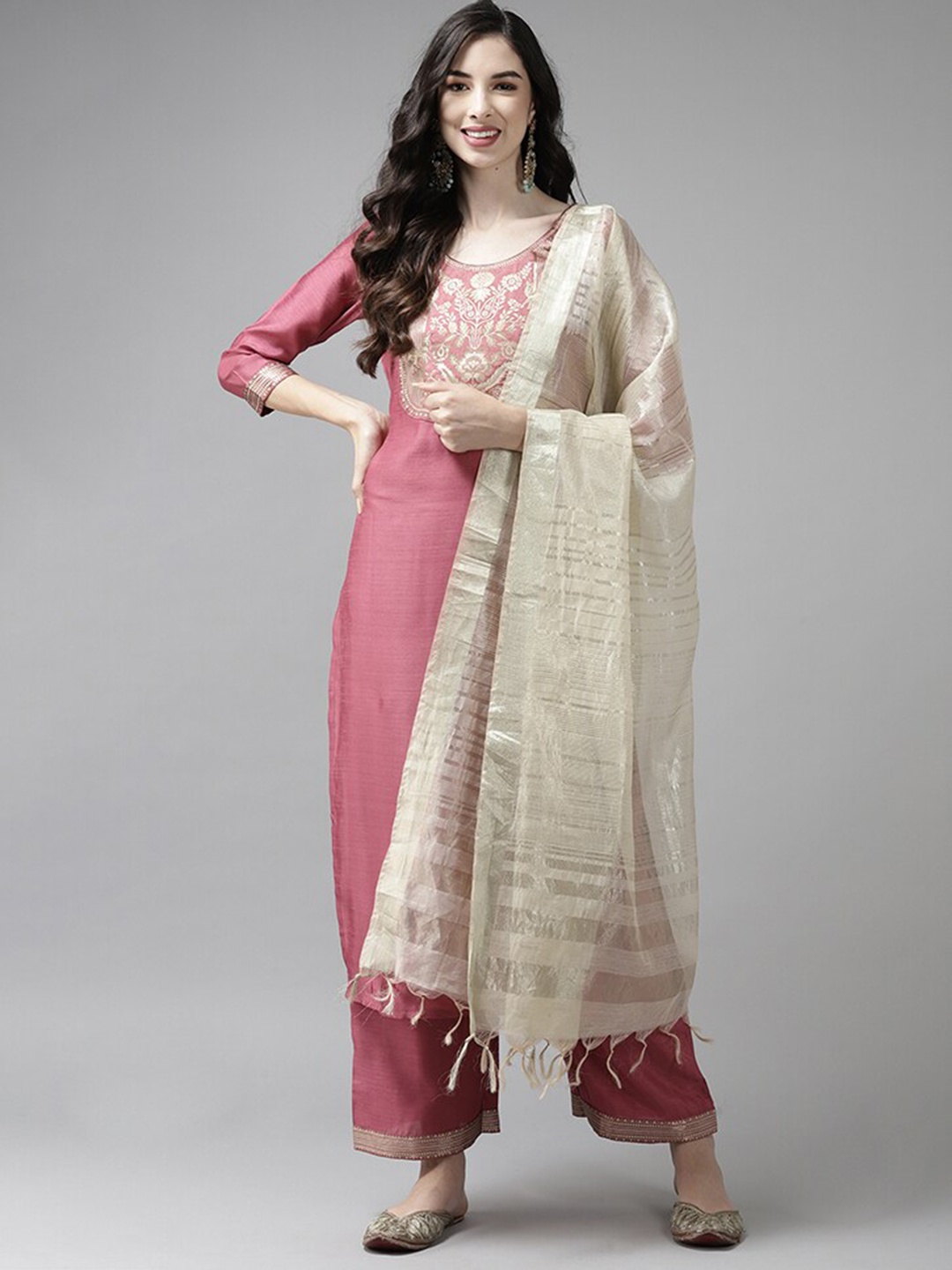 

Indo Era Pink & Off White Ethnic Mottifs Yoke Design Kurta with Palazzos & Dupatta