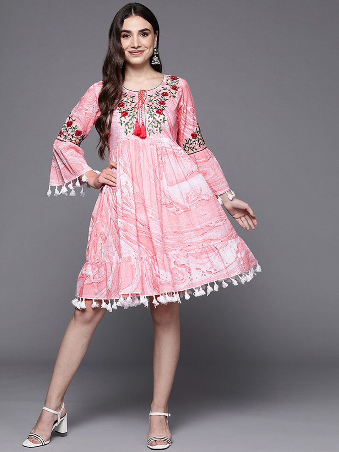 

Indo Era Abstract Printed Embroidered Cotton Fit & Flare Ethnic Dress, Peach