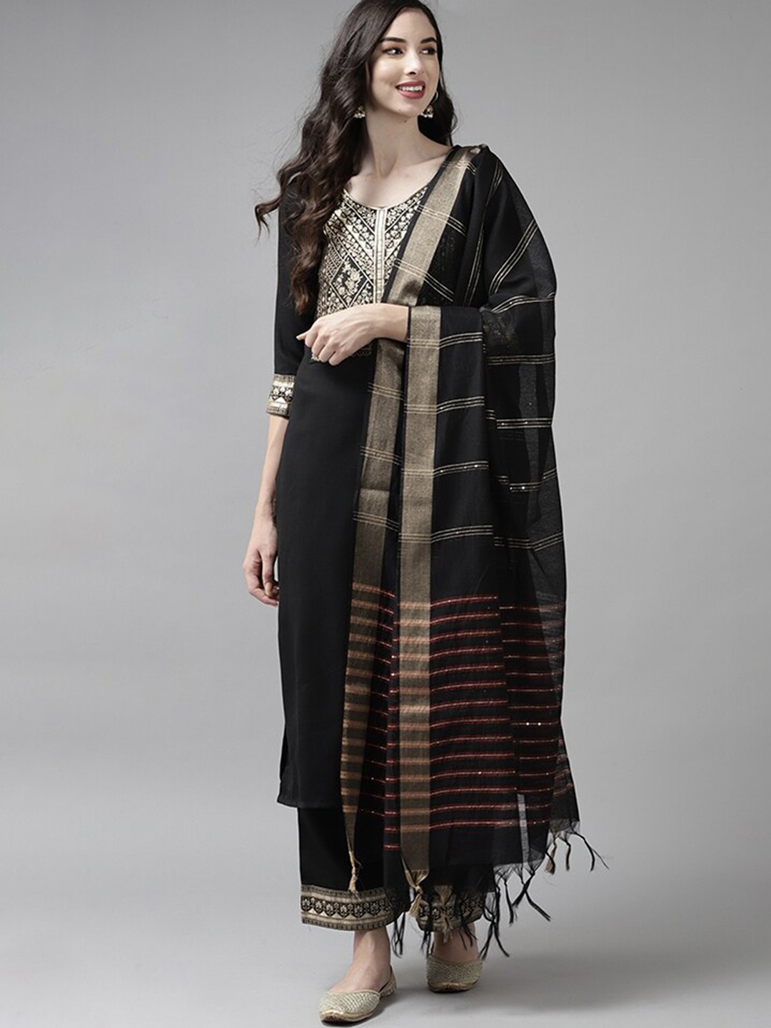 

Indo Era Black Ethnic Motifs Yoke Design Kurta with Palazzos & Dupatta