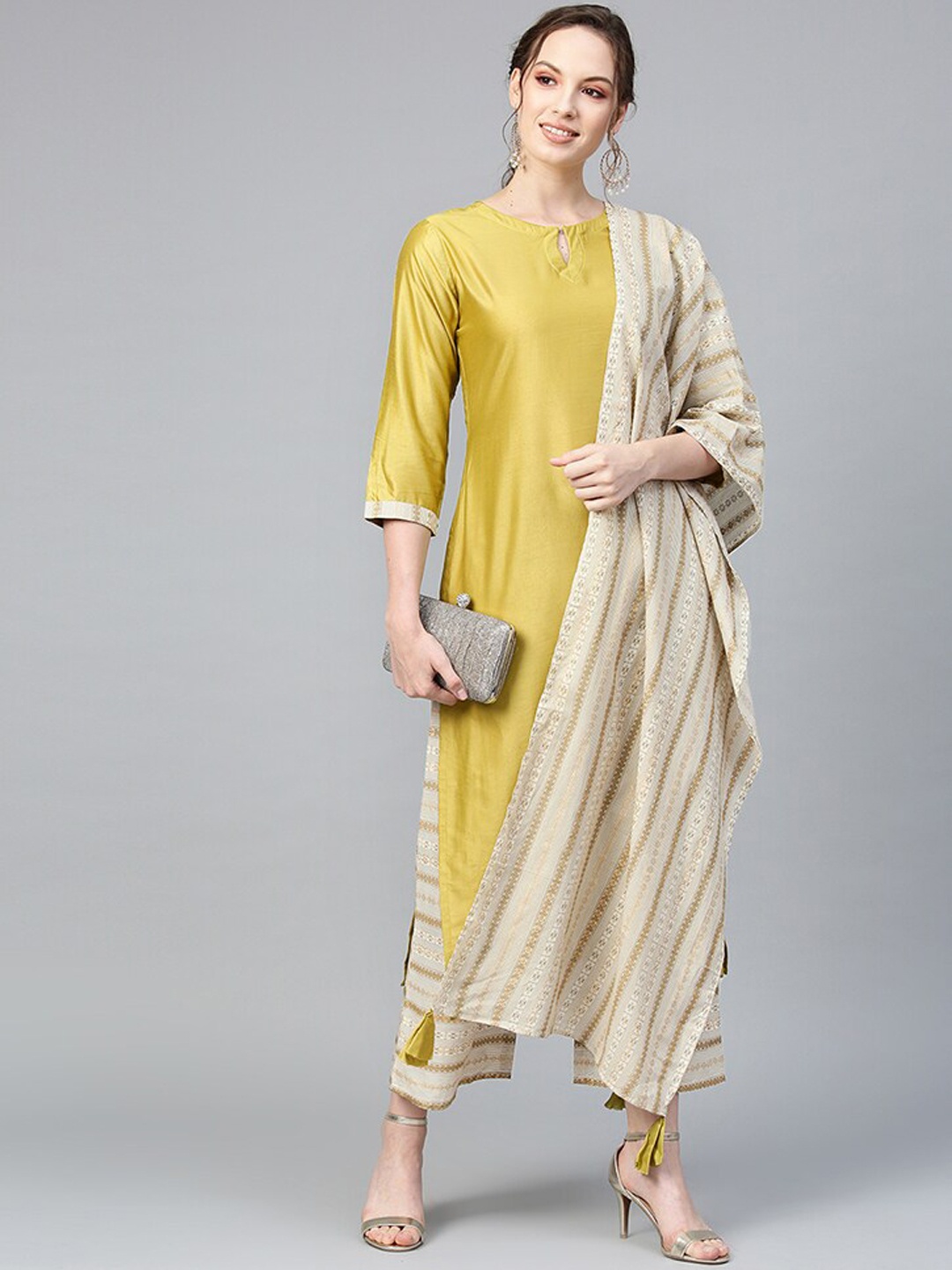 

Indo Era Mustard Yellow & Beige Keyhole Neck Kurta with Palazzos & Dupatta