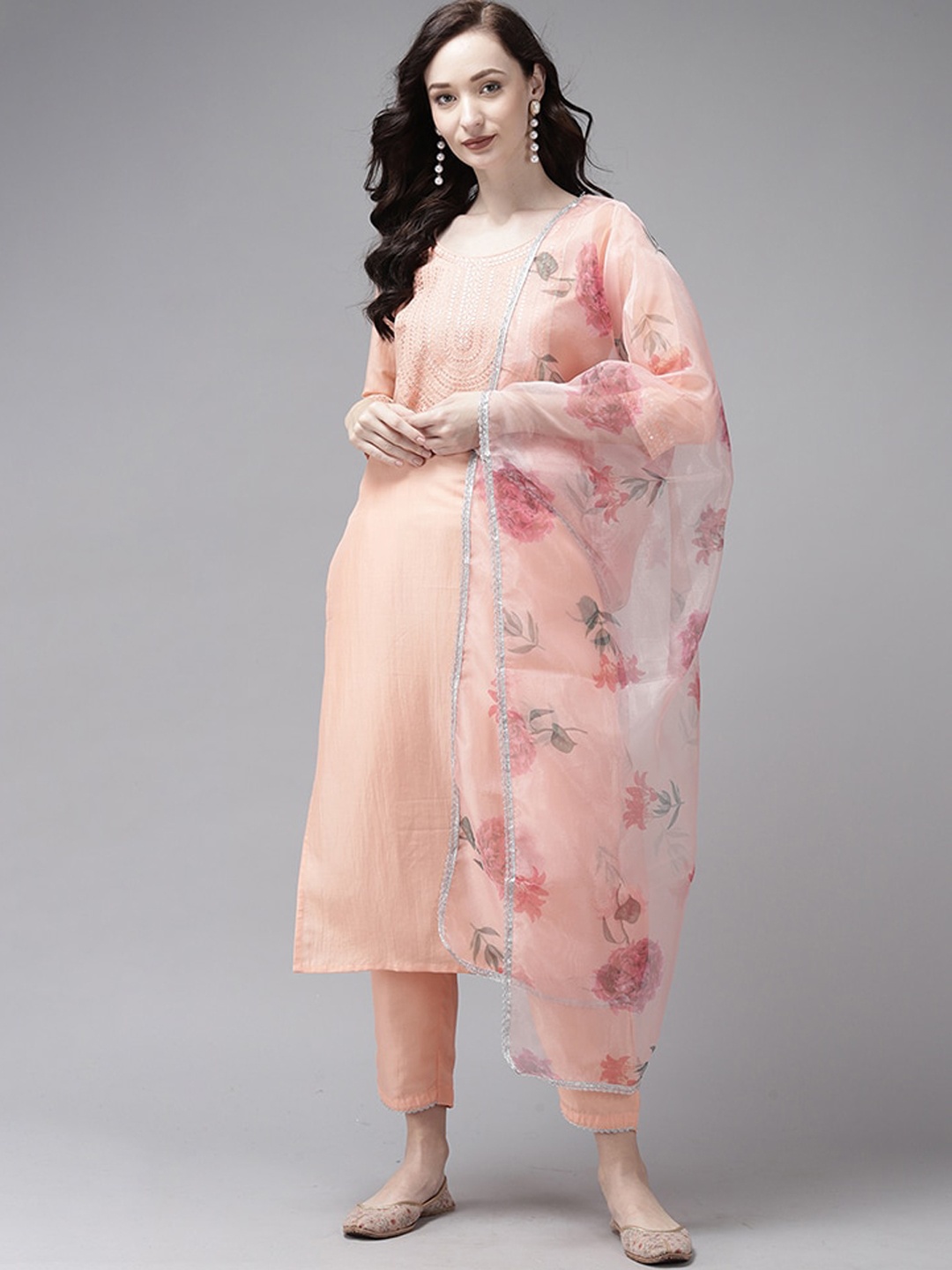 

Indo Era Peach-Coloured Yoke Design Sequined Mirror Work Kurta with Trousers & Dupatta